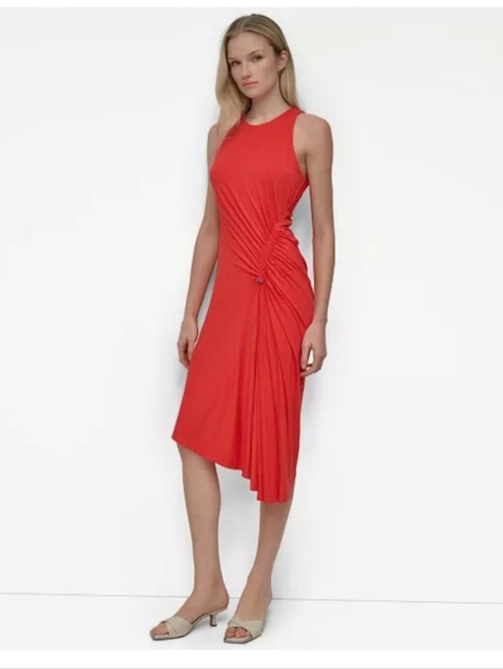 DKNY NWT Orange Red Ruched Drawstring Sleeveless Midi Dress Size 14 $129 Party